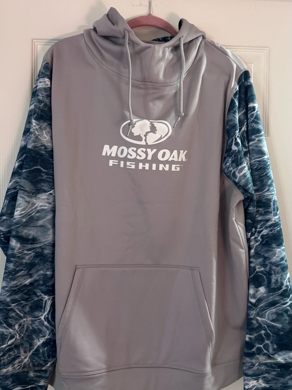 Mossy Oak Fishing Gray Hoodie with Blue Marbled Sleeves
